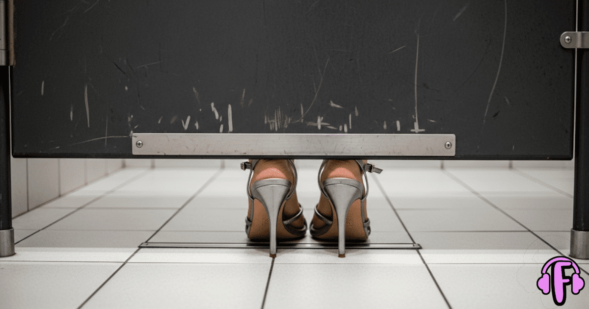 sous la porte d’une cabine de toilettes, les talons aiguilles d’une sissy scintillent, symbolisant une évasion érotique et une féminité assumée dans un moment de pur plaisir