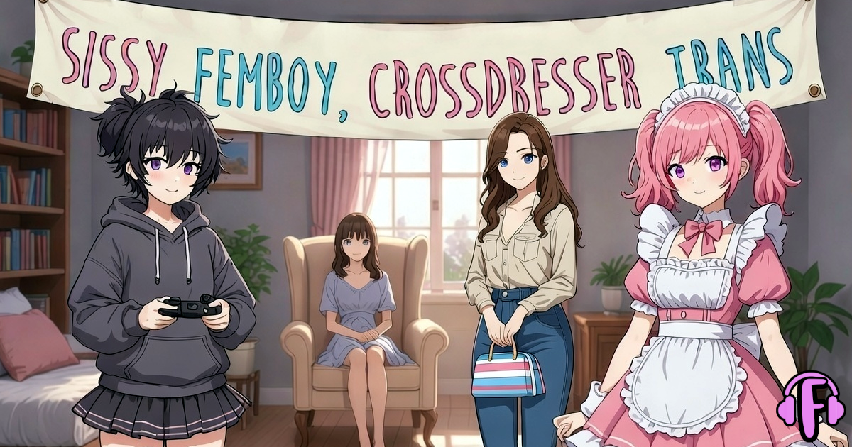 Image avec une sissy une femboy une trans et un crossdress.Quelle est la vraie différence entre sissy et femboy ? Découvre les nuances entre le kink de soumission (sissy), le style androgyne esthétique (femboy), le crossdressing et l’identité trans.